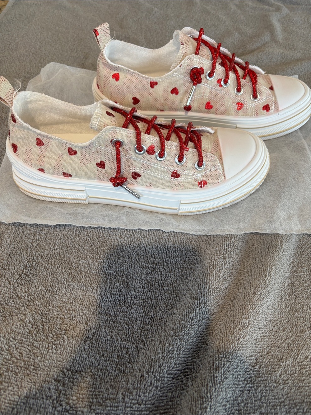 Very G White Canvas Sneakers with Red Heart Print and Red Laces